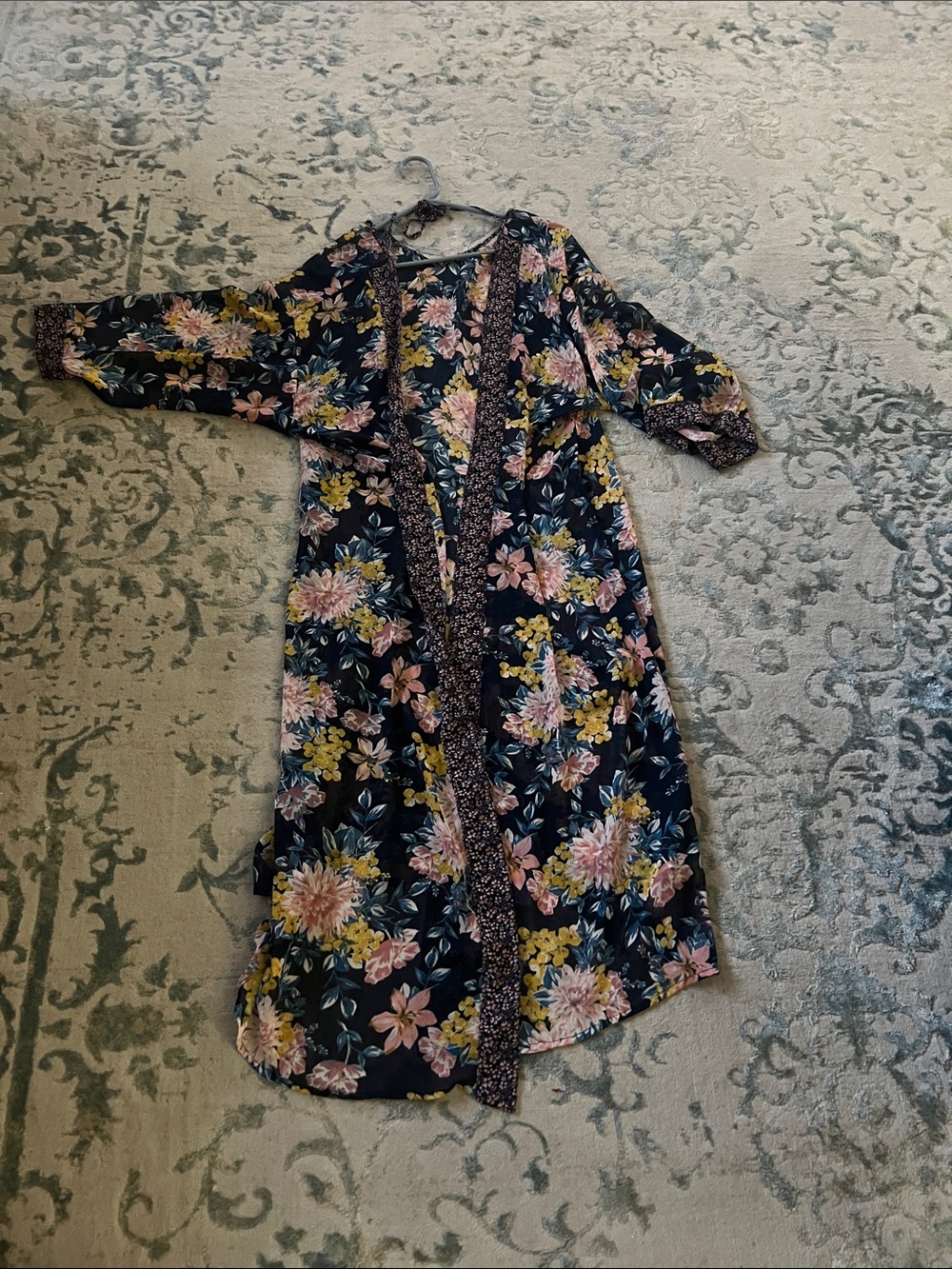 Floral Kimono Duster in Navy with Pink & Yellow Blooms